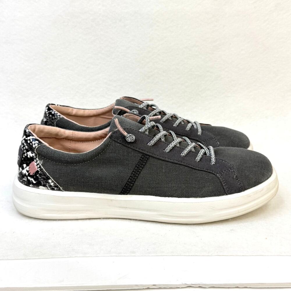 HeyDude Womens Karina Slip On Casual Canvas Sneakers Gray Black Snake Size 9
